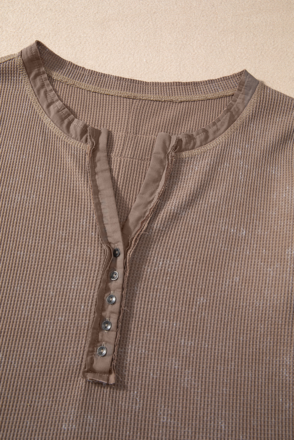 Smoke Green Acid Wash Waffle Knit Buttoned Neckline Long Sleeve Top