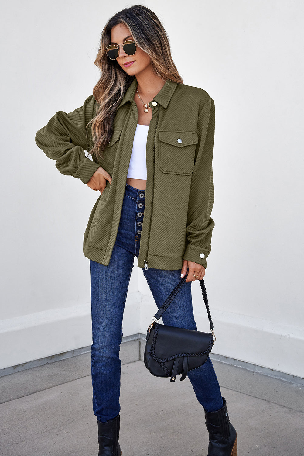 Coffee Solid Color Zip Up Button Flap Pocket Shirt Collar Jackets