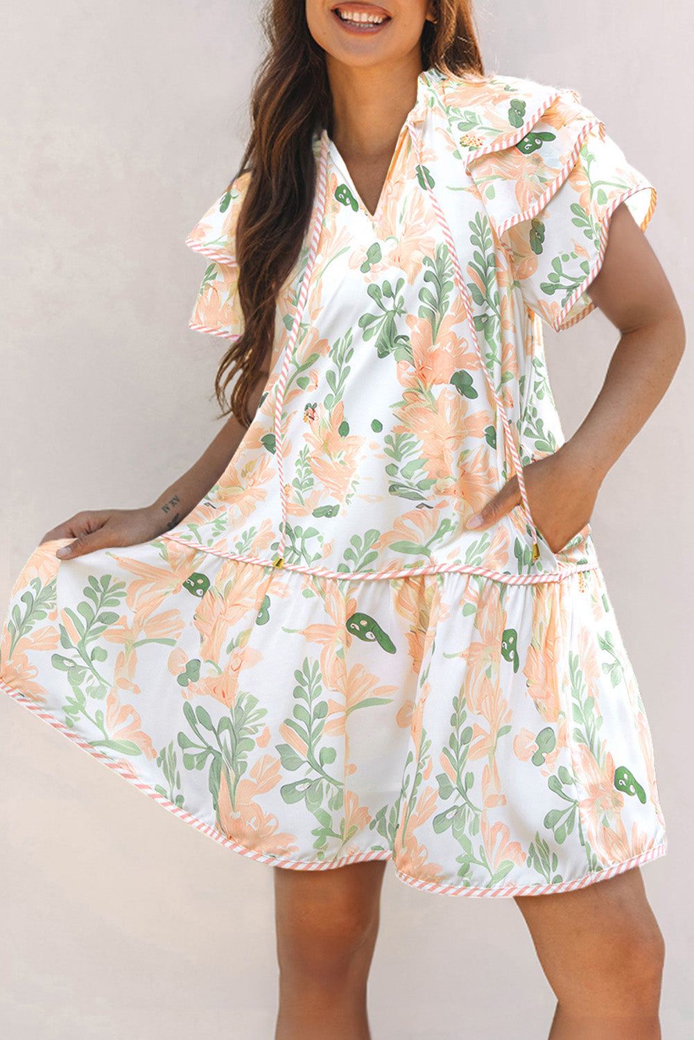 Pink Plus Size Floral Print Striped Detail Short Summer Dress