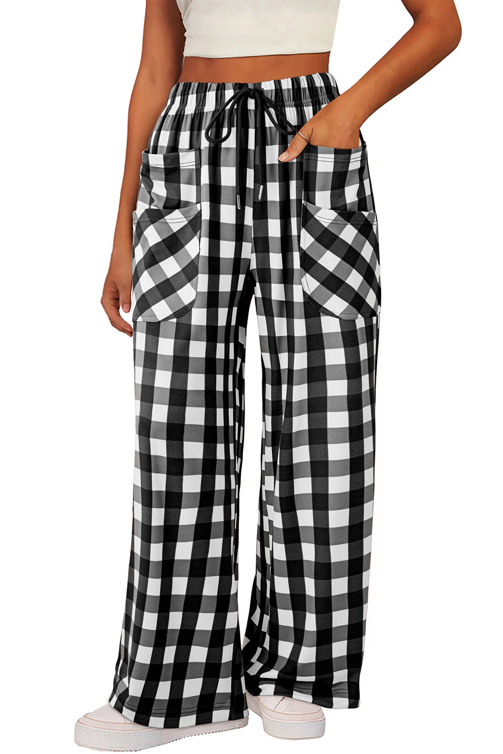 Black Checkered Print Double Pocketed Drawstring Casual Pants