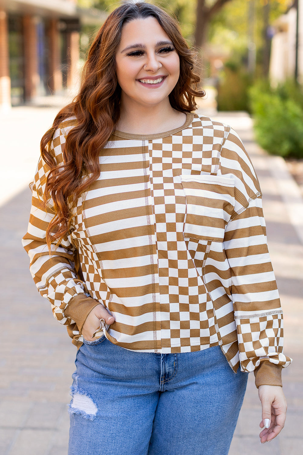 Khaki Checkerboard Striped Patchwork Lantern Sleeve Pocketed Blouse