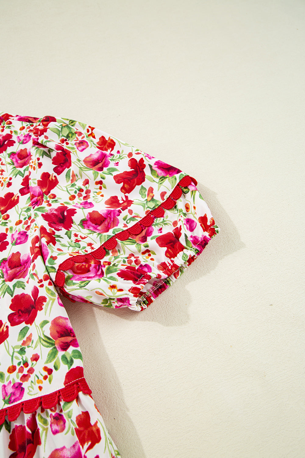 Red Floral Print Striped Patchwork Collared Short Sleeve Blouse