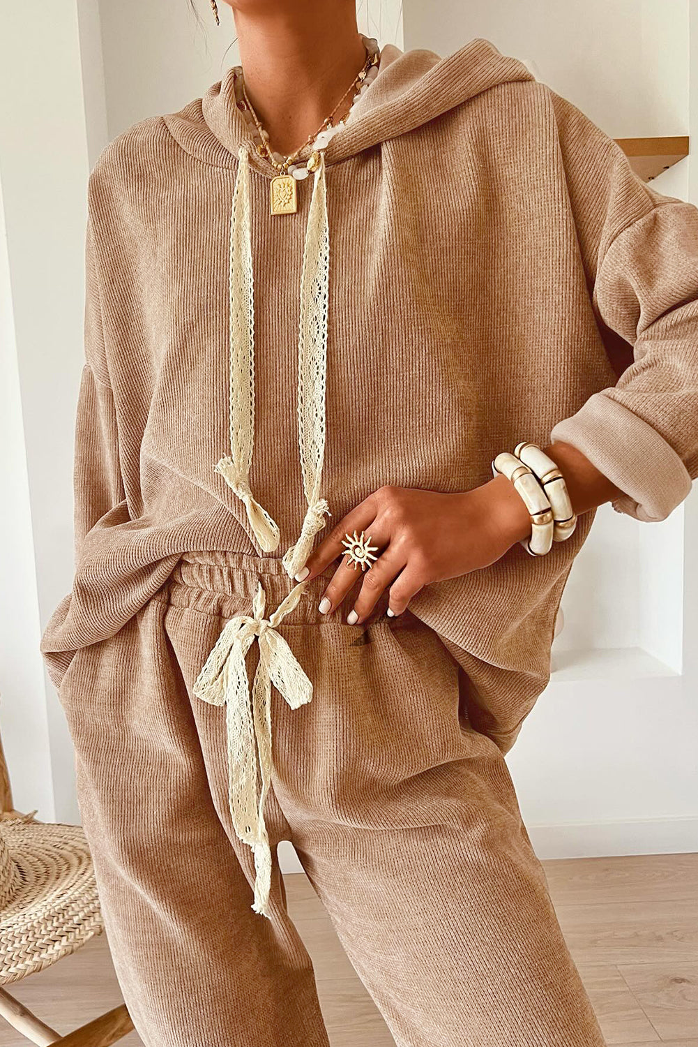 Gray Morn Corduroy Leopard Drawstring High Waist Trousers