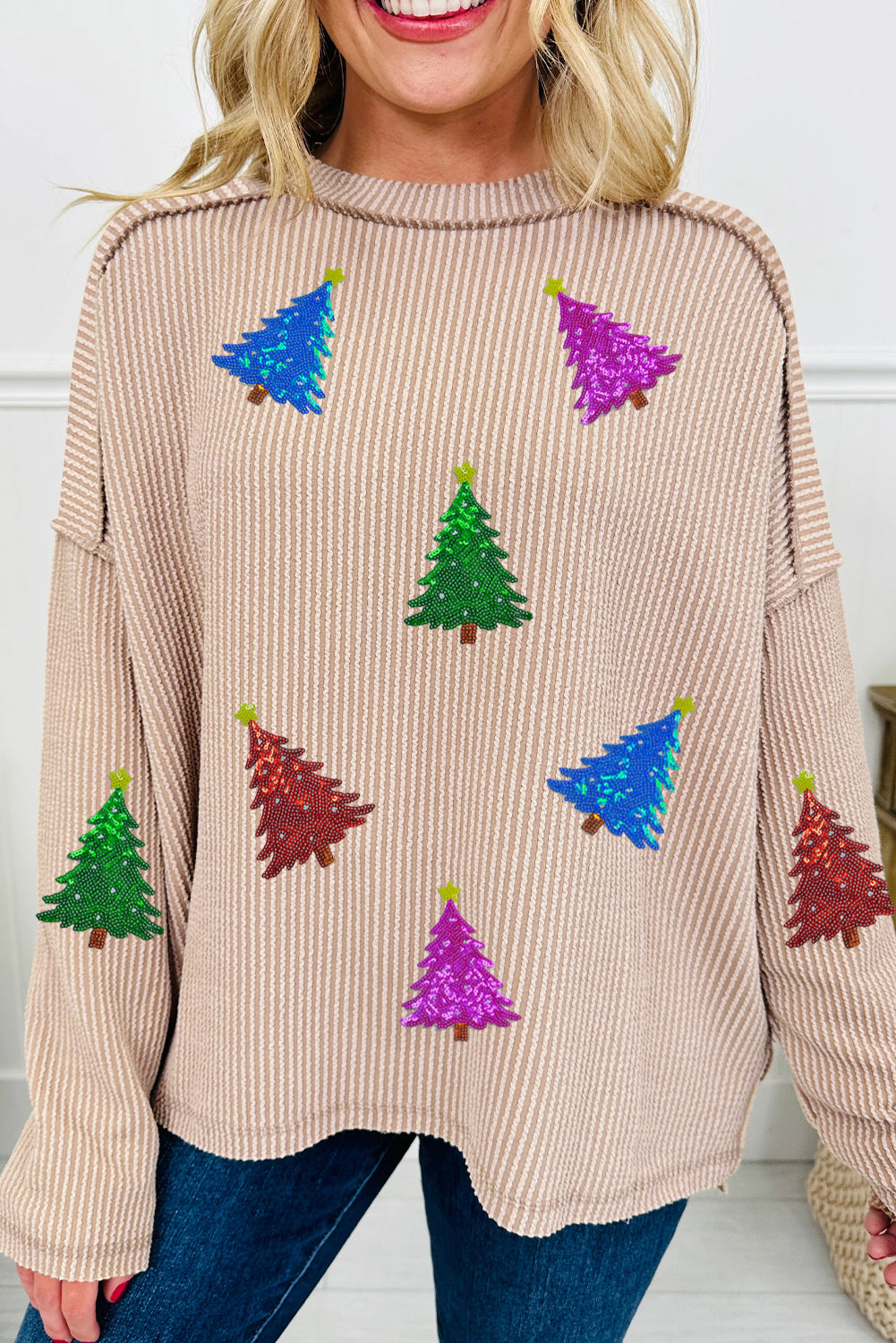 Parchment Sequin Christmas Tree Exposed Seam Drop Shoulder Ribbed Long Sleeve Top