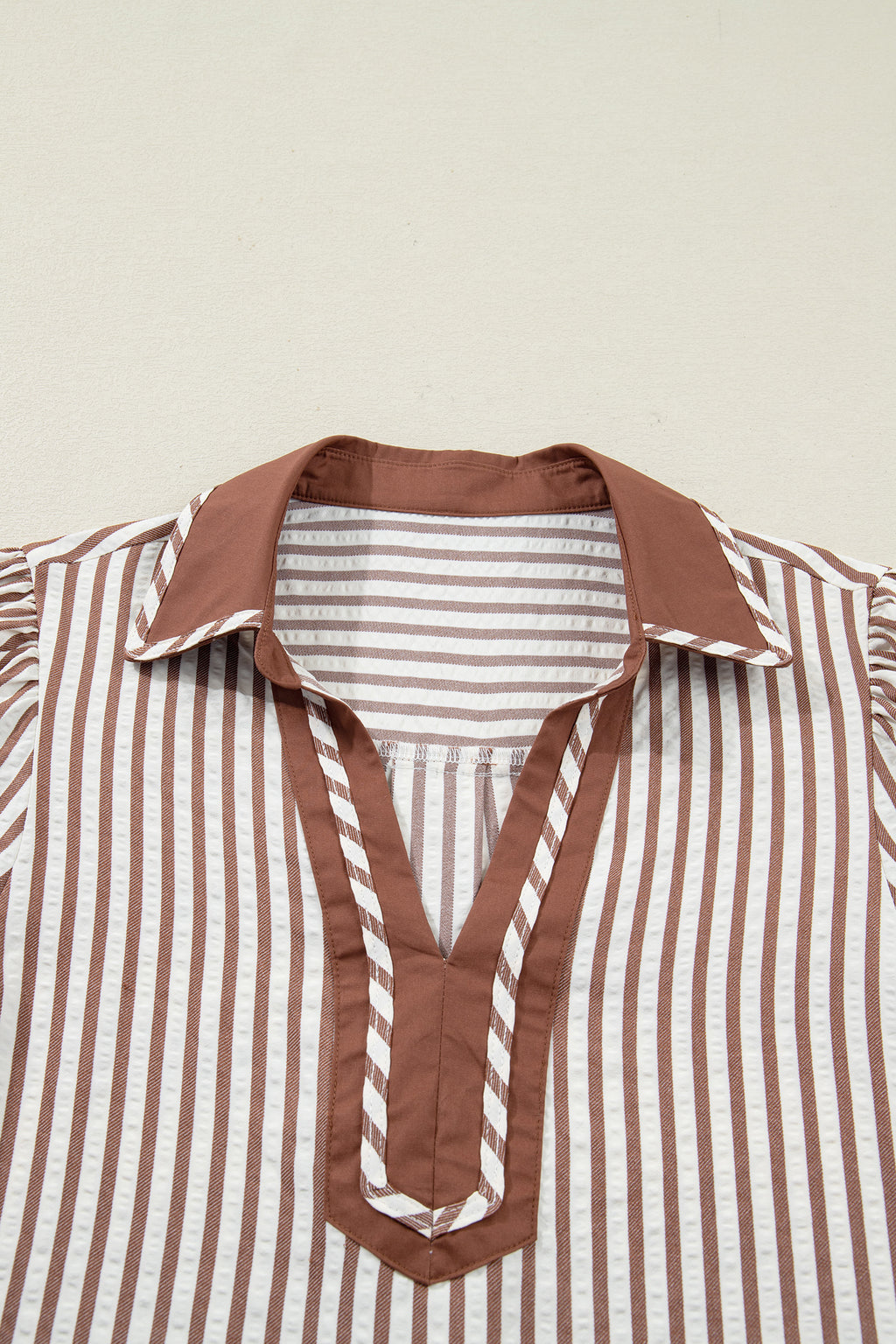 Black Stripe Collared Split Neck Short Bubble Sleeve Blouse