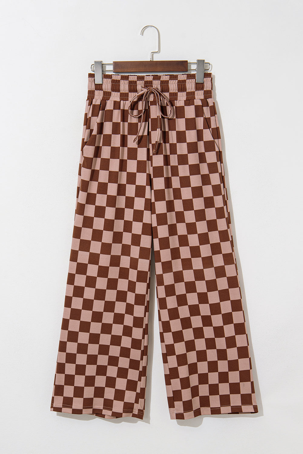 Khaki Checkered Elastic High Waist Loose Casual Pants