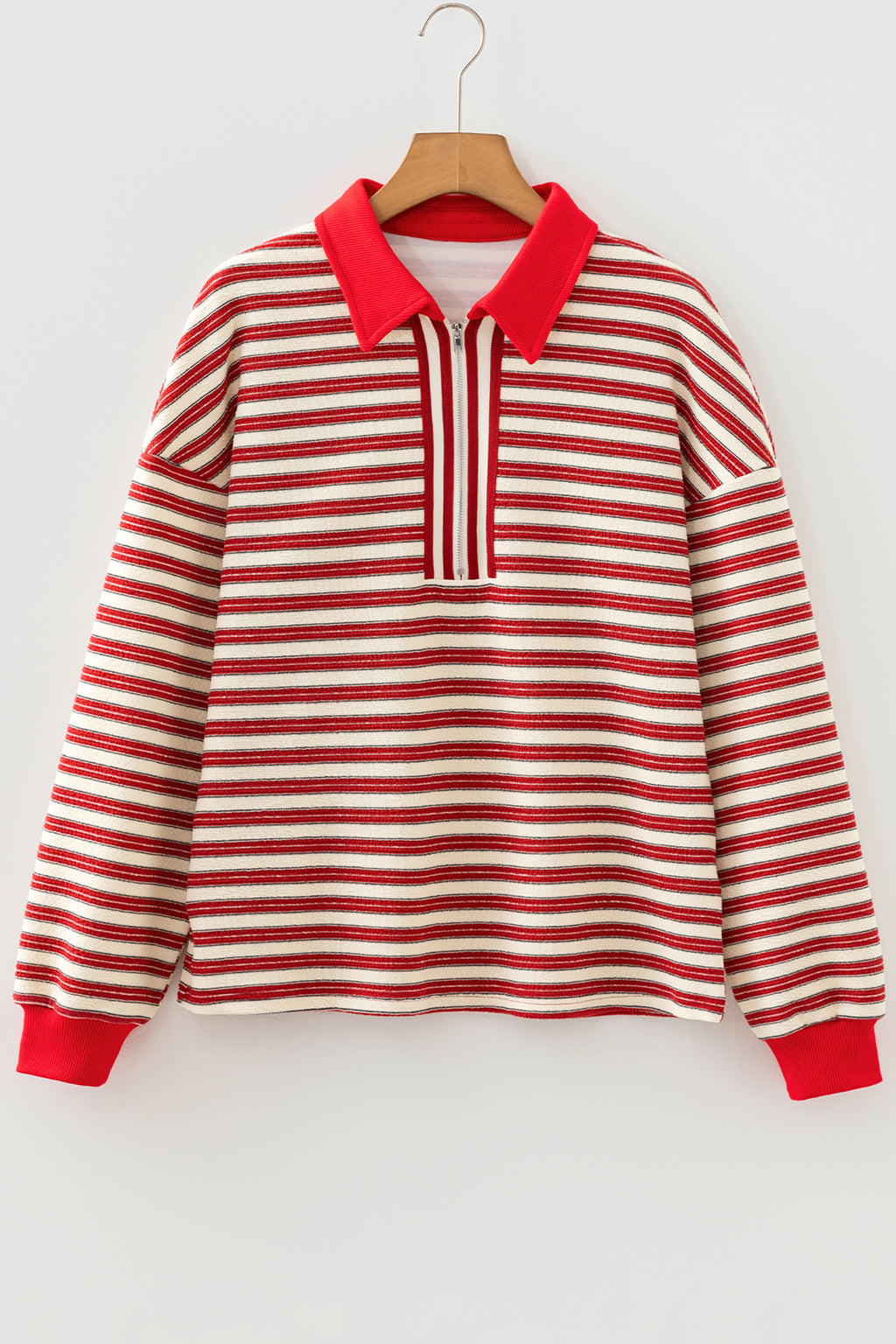 Navy Blue Striped Print Contrast Collar Zip V Neck Long Sleeve Top