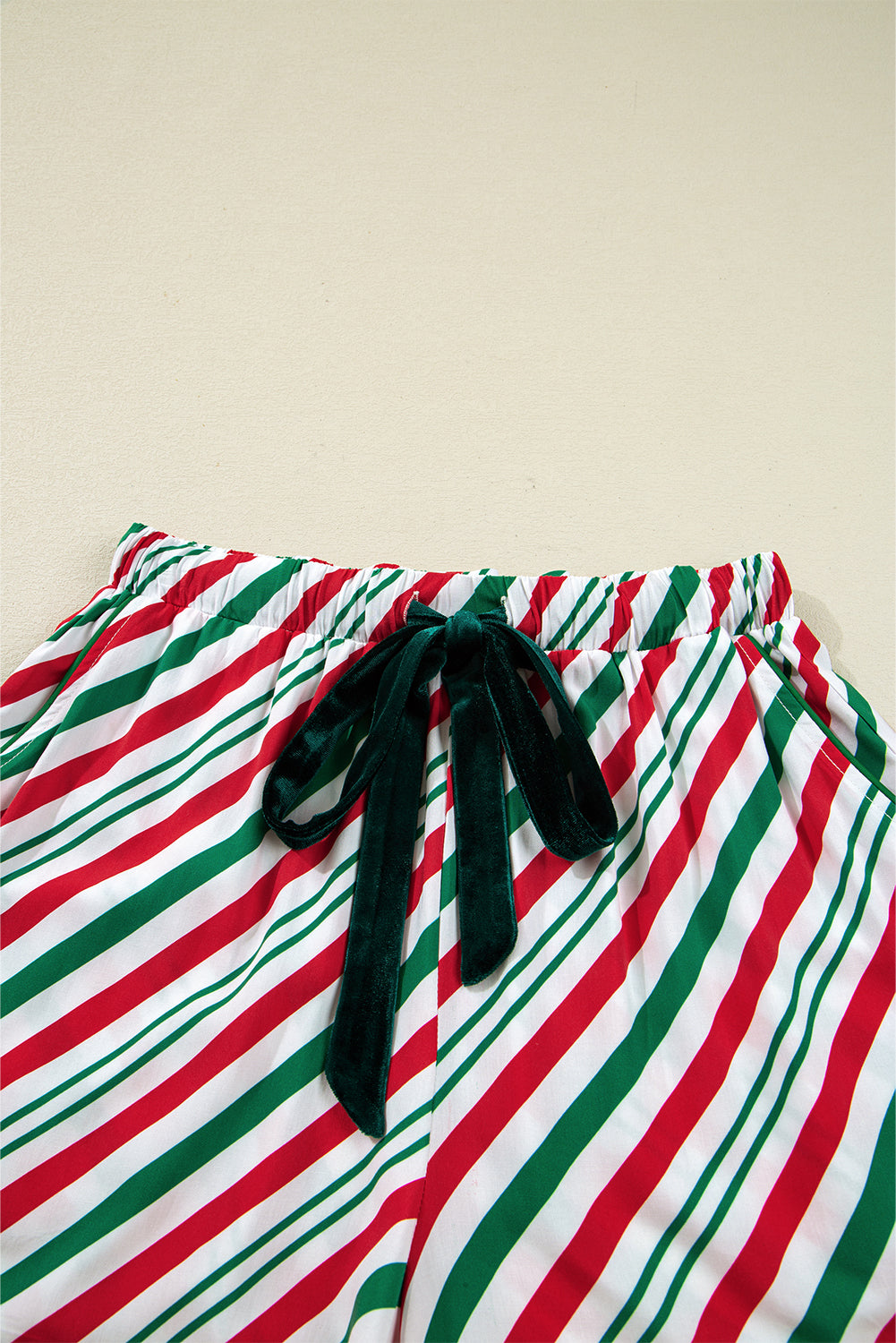 Green Stripe Contrast Velvet Ribbon Knot Christmas 2pcs Pajama Set