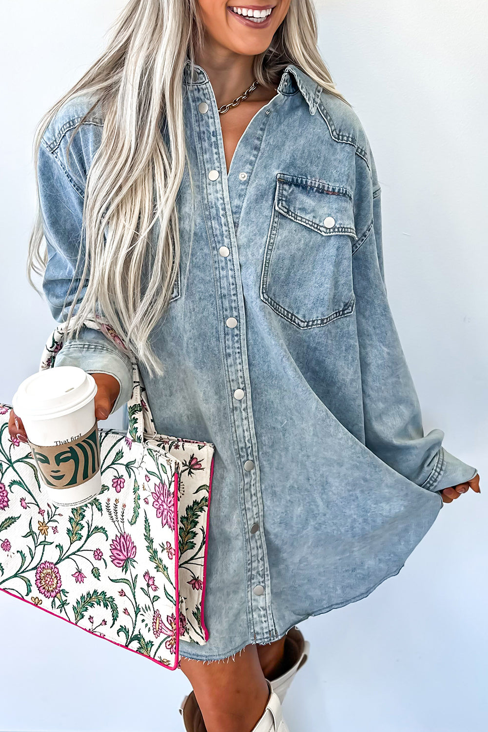 Blue Beau Chest Pocket Raw Hem Denim Loose Shirt Dress