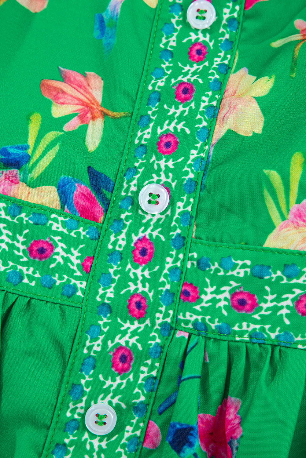 Green Floral Detail Tie Split Neck Short Sleeve Blouse