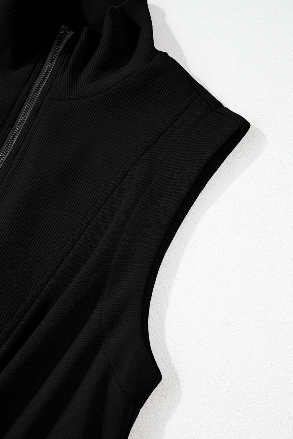 Black French Terry Zipped Collar Sleeveless Drawstring Waist Mini Dress