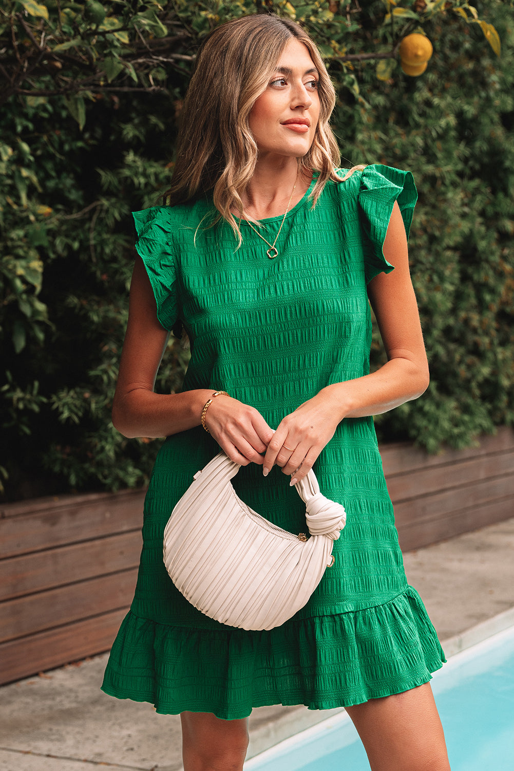 Dark Green Textured Ruffled Sleeve Round Neck Top