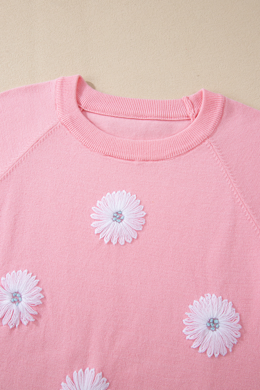 Beige Flower Pattern Short Sleeve Knitted Top