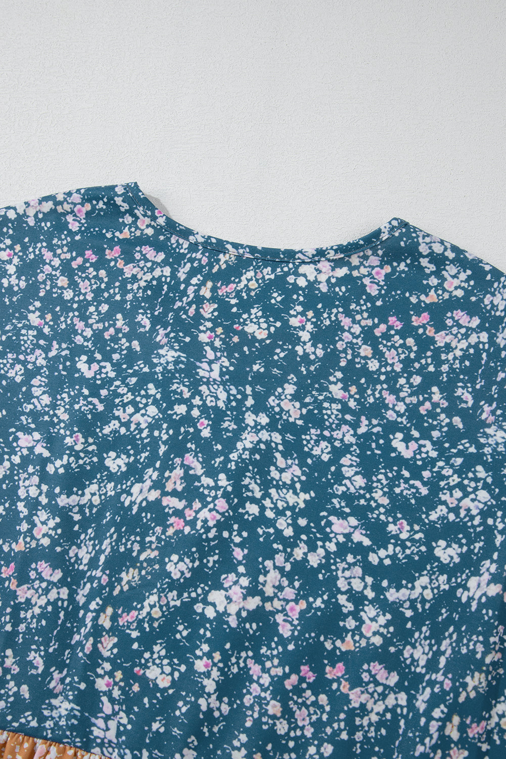 Orange Floral Color Block Patchwork Ruffled Hem Round Neck Blouse