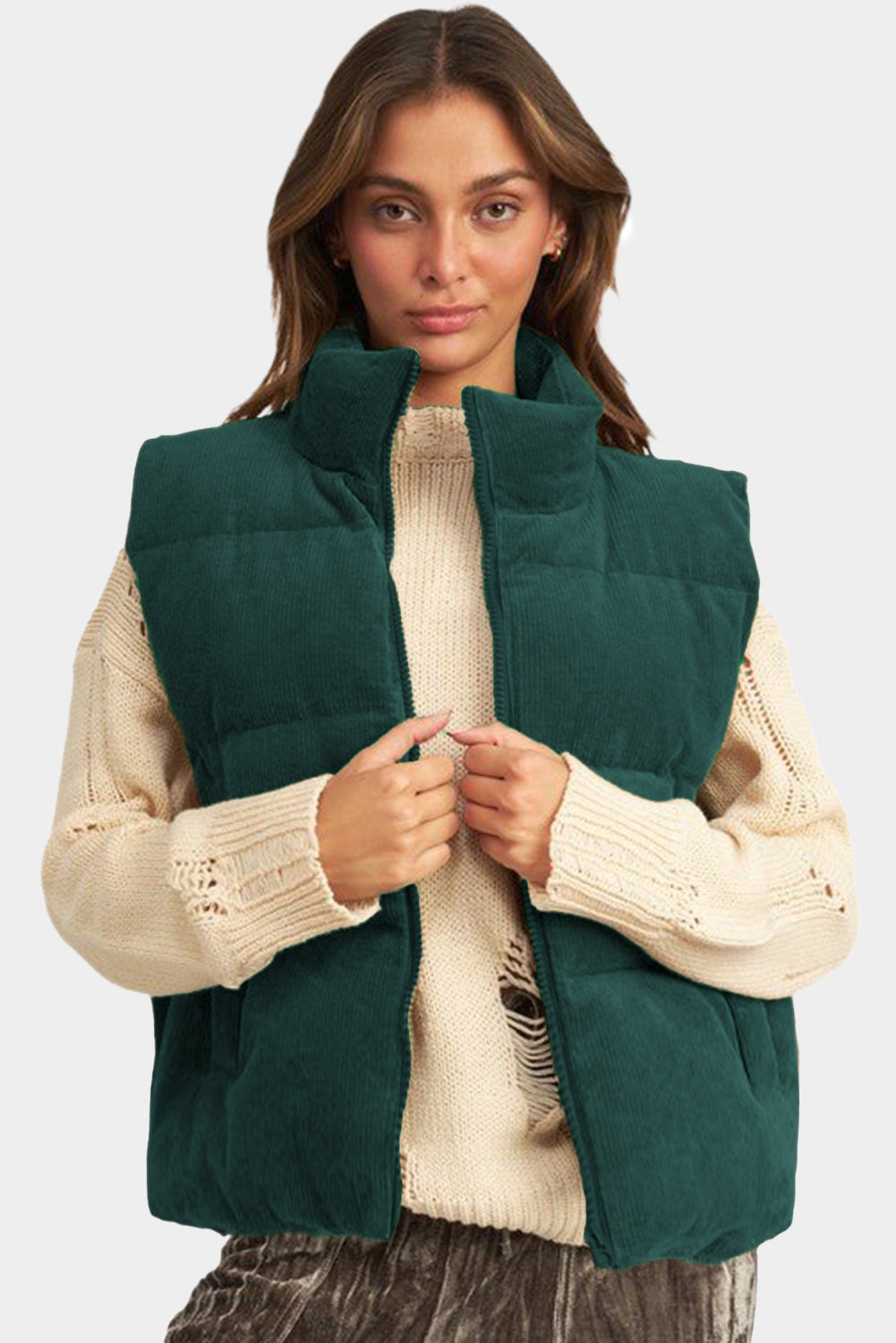 Beige Corduroy Stand Neck Zipped Puffer Vest