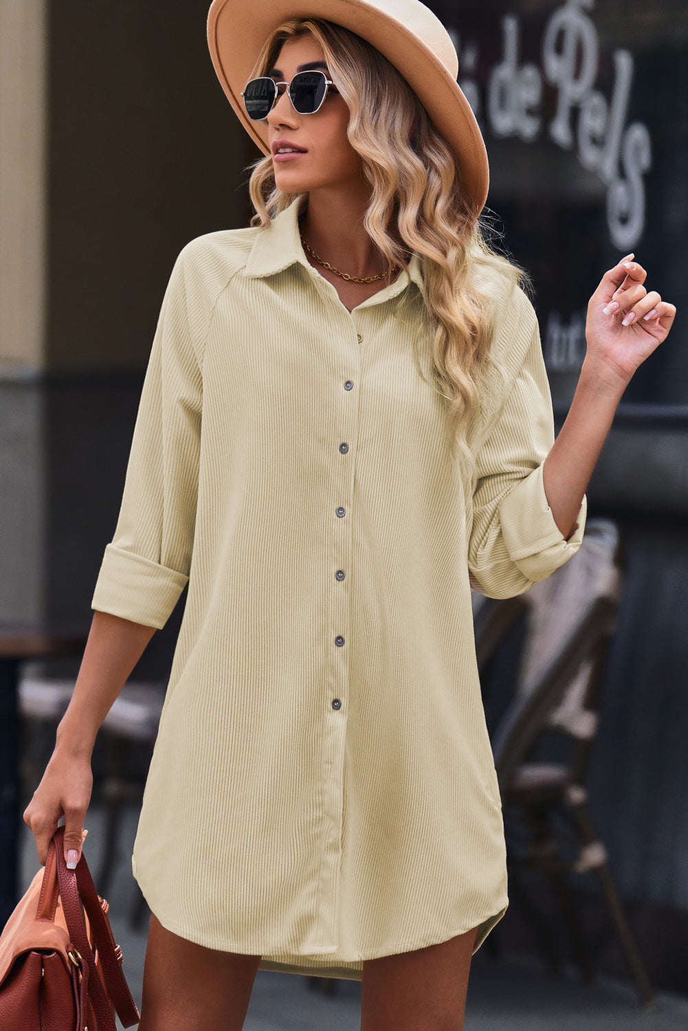 Blue Corduroy Shirt Style Full Button Long Sleeve Shift Mini Dress