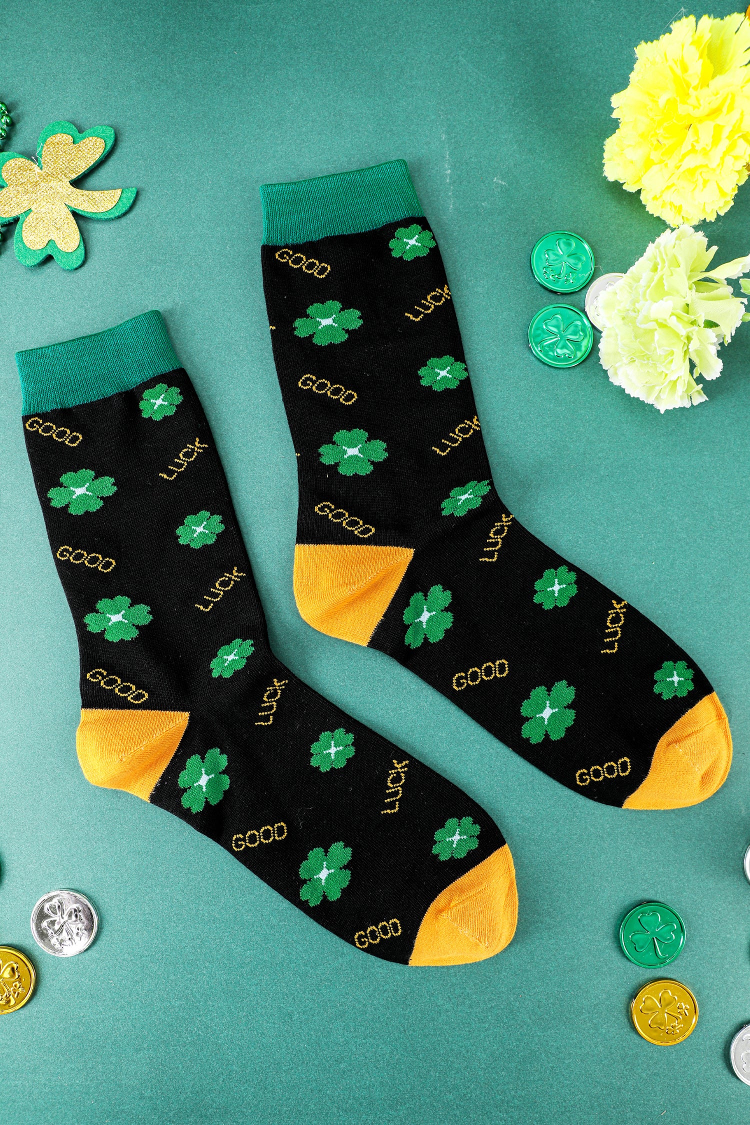 Dark Green GOOD LUCK St Patrick Clover Color Block Socks?