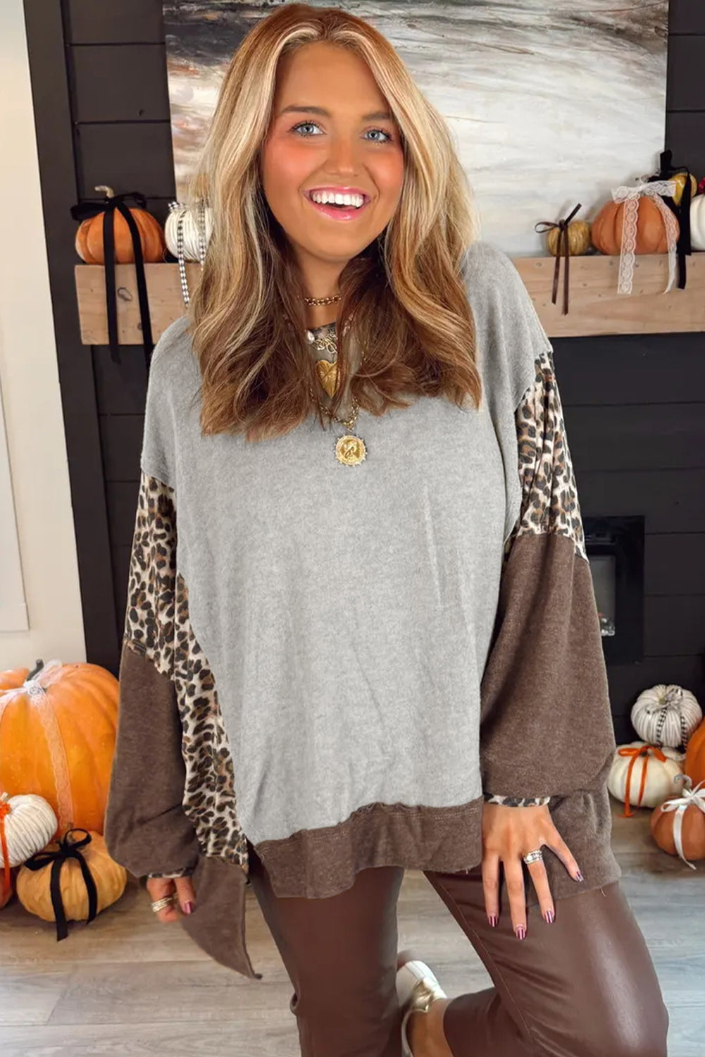 Gray Plus Size Leopard Color Block Patchwork Dolman Sweatshirt
