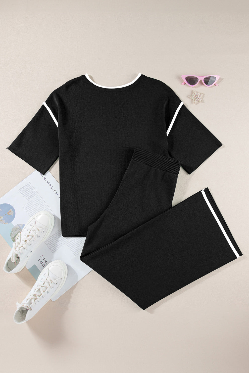 Blackish Green Contrast Trim Half Sleeve Top Drawstring Pants Loose 2pcs Sweater Suit