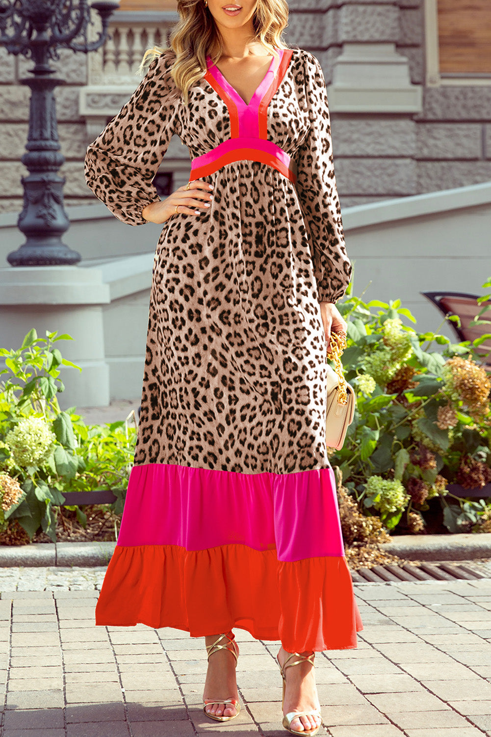 Khaki Cheetah Color Block V Neck Balloon Sleeve Babydoll Blouse