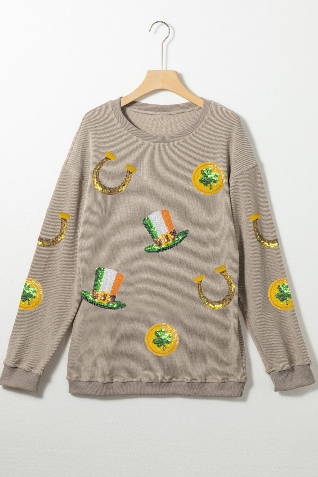 Khaki Sequin Horseshoe Mardi Gras Graphic Corded Ribbed Baggy Sweatshirt