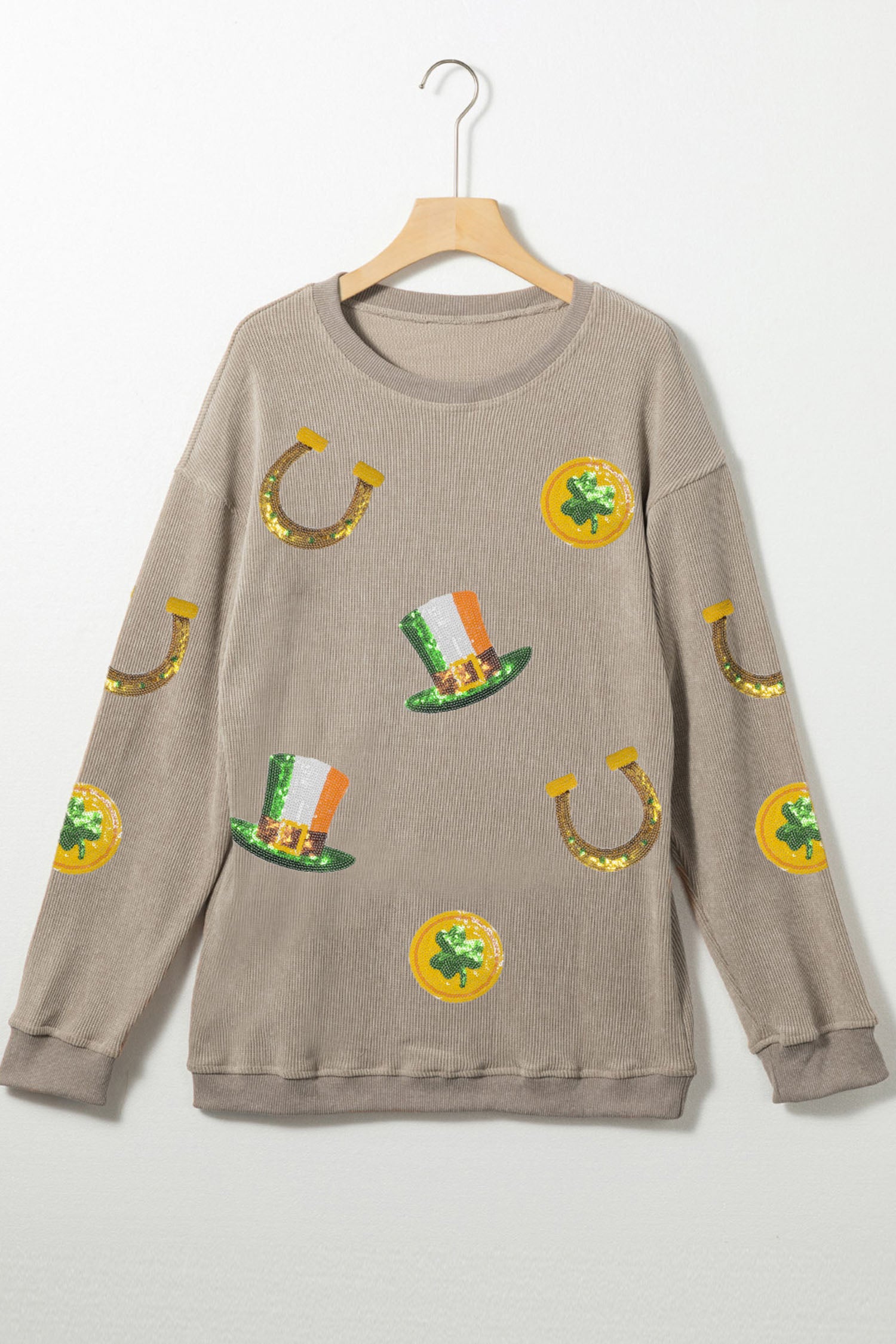 Khaki Sequin Horseshoe Mardi Gras Graphic Corded Ribbed Baggy Sweatshirt
