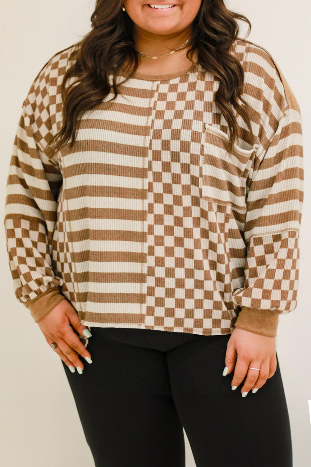 Khaki Checkerboard Striped Patchwork Lantern Sleeve Pocketed Blouse