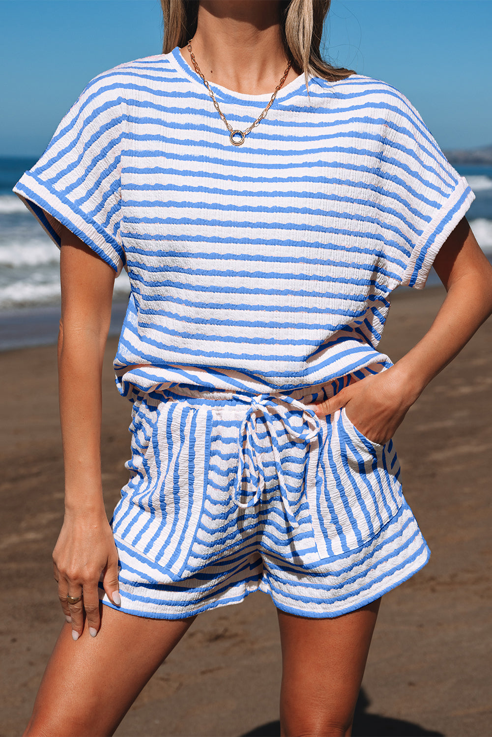 Pink Stripe Knitted Short Sleeve Top and Drawstring Shorts Set