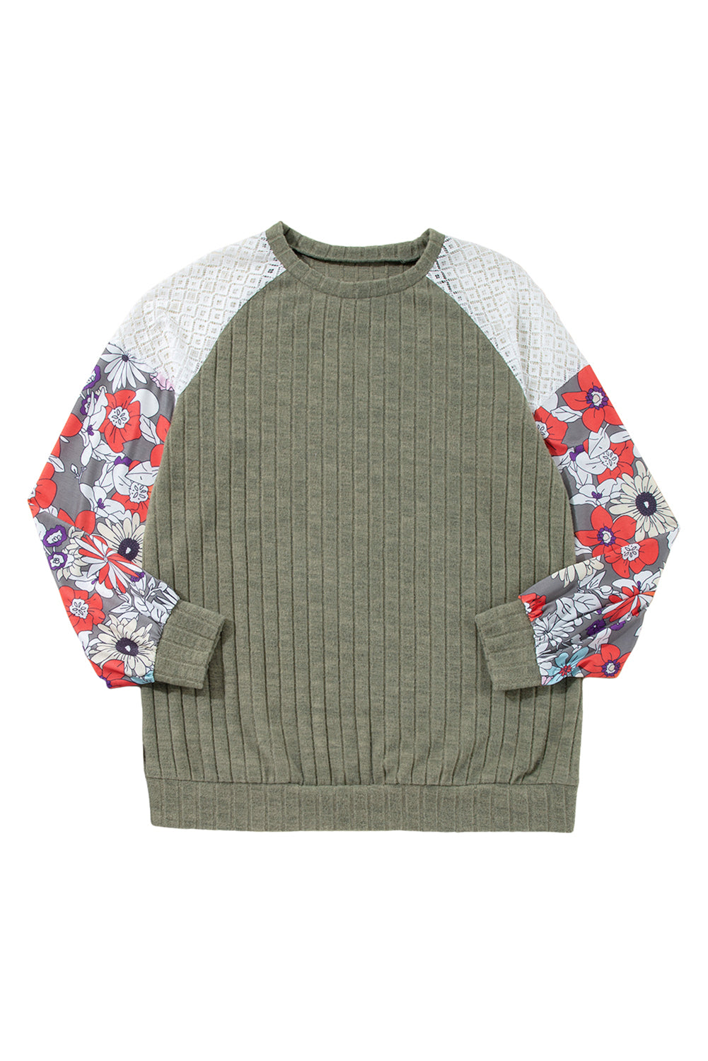 Vineyard Green Plus Size Textured Floral Patchwork Raglan Sleeve Blouse