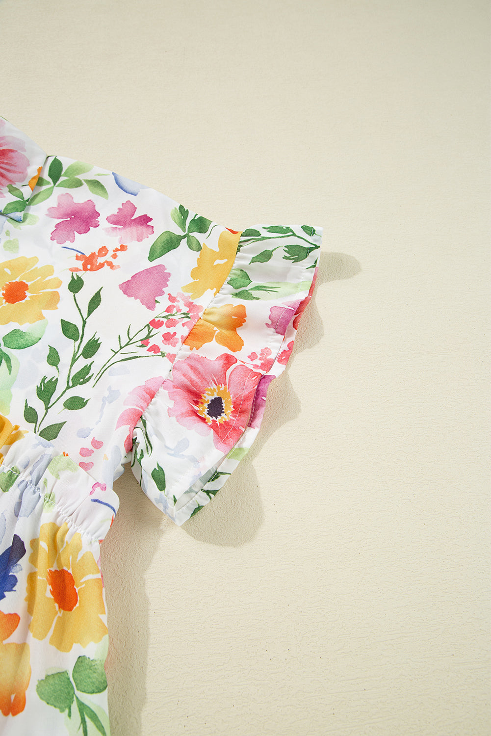 Pink Floral Boxy Fit Ruffled Short Sleeve V Neck Blouse