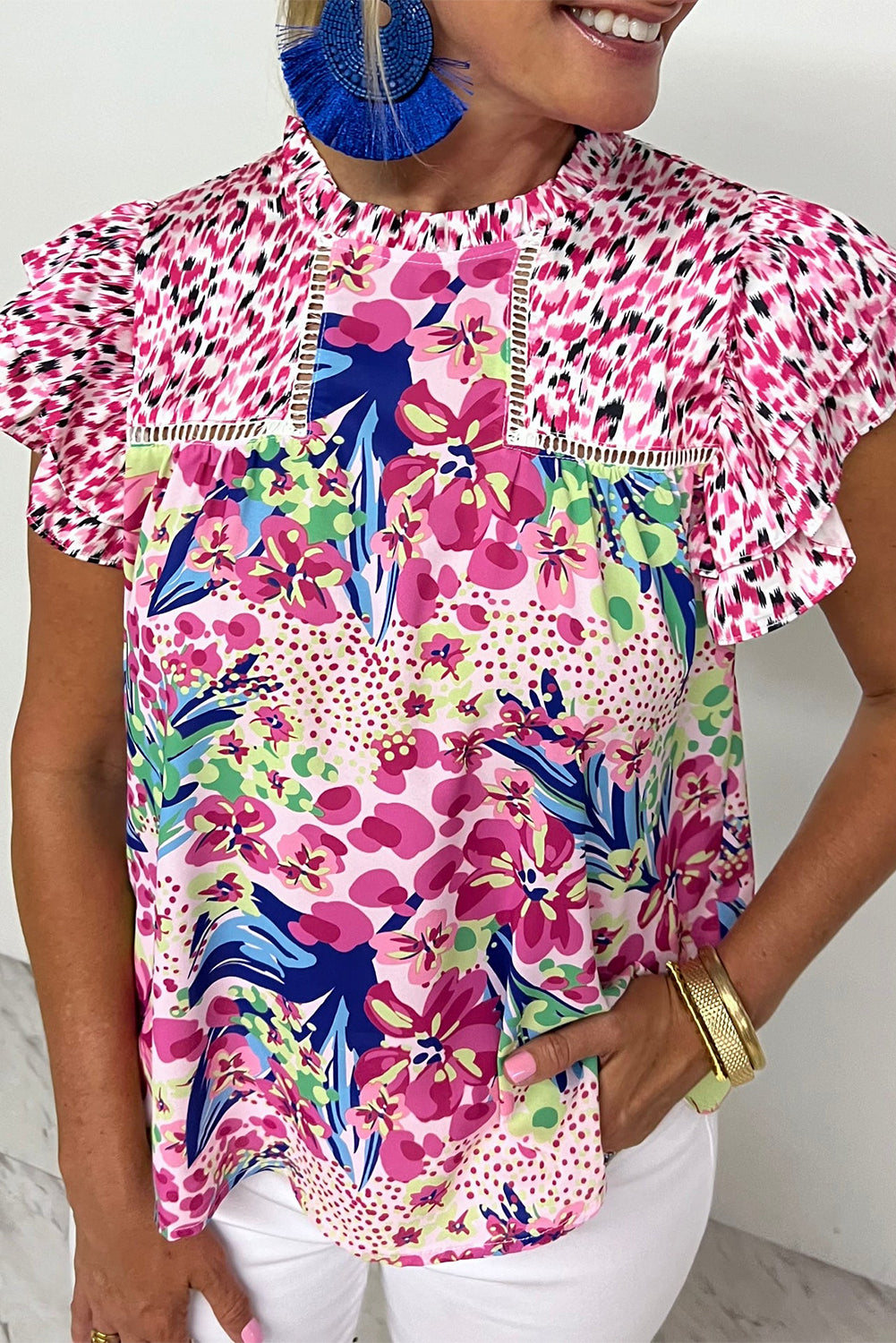 Red Floral Mixed Print Ruffle Cap Sleeve Blouse