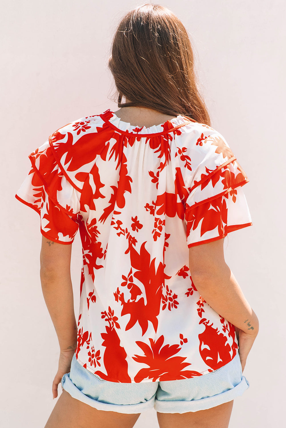 Red Floral Print Trimmed V Neck Ruffle Sleeve Long Dress