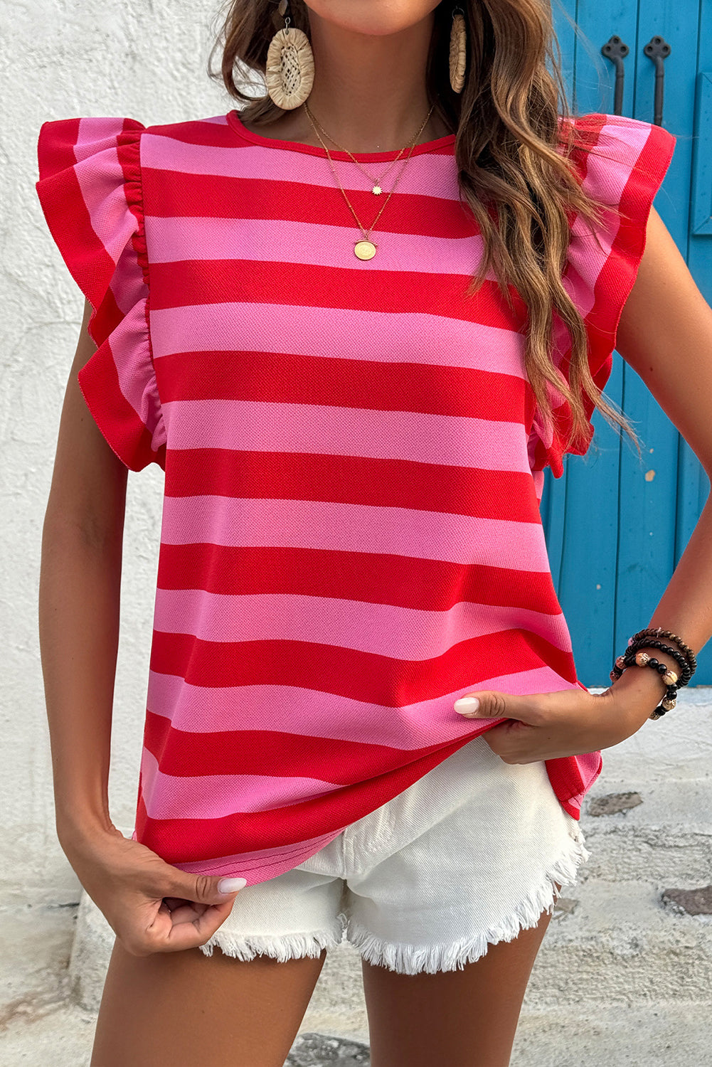 Green Stripe Flutter Sleeve Round Neck Shift Dress