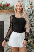 Black Polka Dot Mesh Puff Sleeve Patchwork Ribbed Square Neck Slim Top