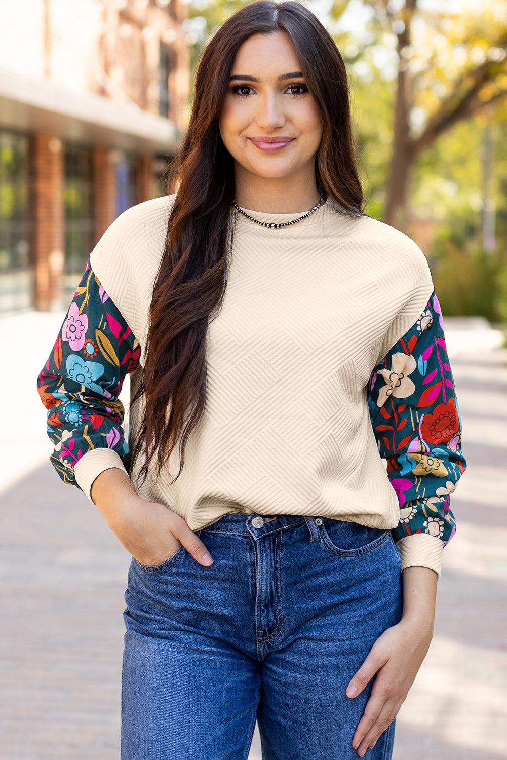 White Floral Patchwork Sleeve Textured Plus Size Pullover Top