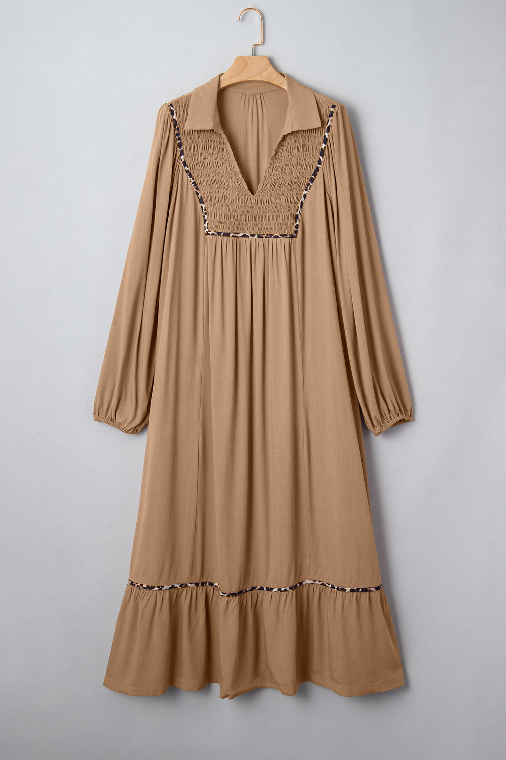 Four Leaf Clover Collared V Neck Smocked Detail Contrast Leopard Trim Bracelet Sleeve Long Dress