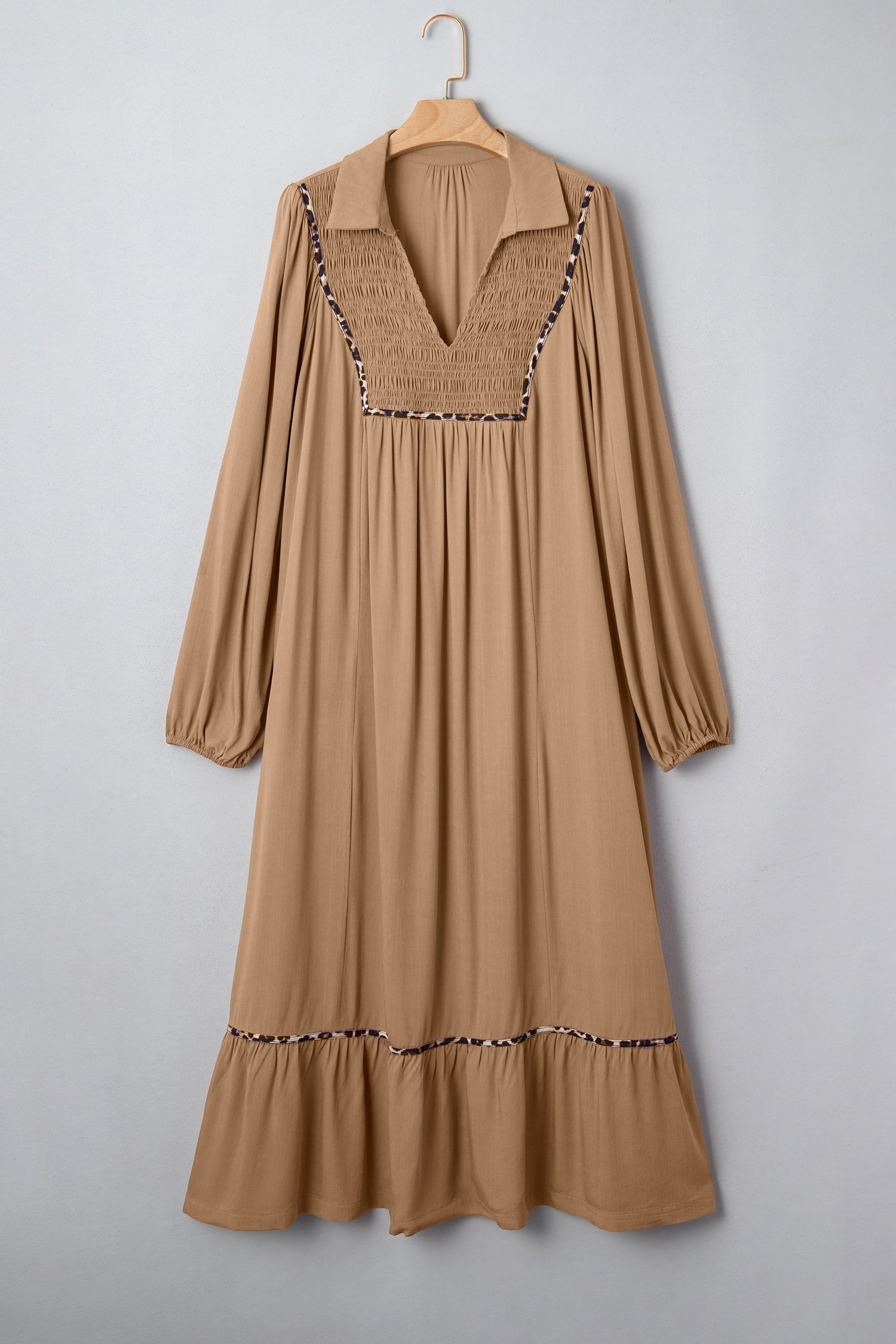 Four Leaf Clover Collared V Neck Smocked Detail Contrast Leopard Trim Bracelet Sleeve Long Dress