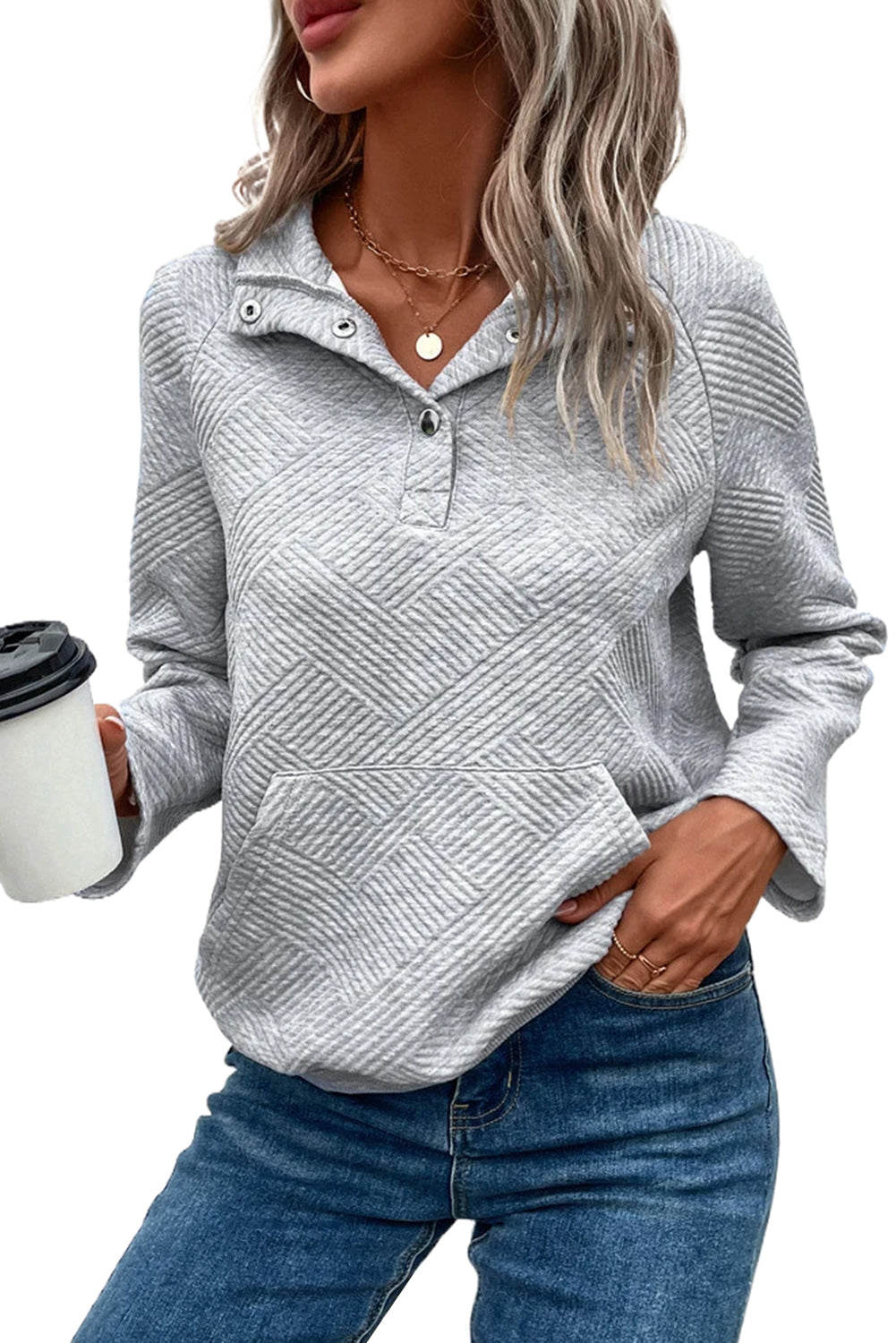 Apricot  Asymmetric Buttons Detail High Neck Textured Sweatshirt