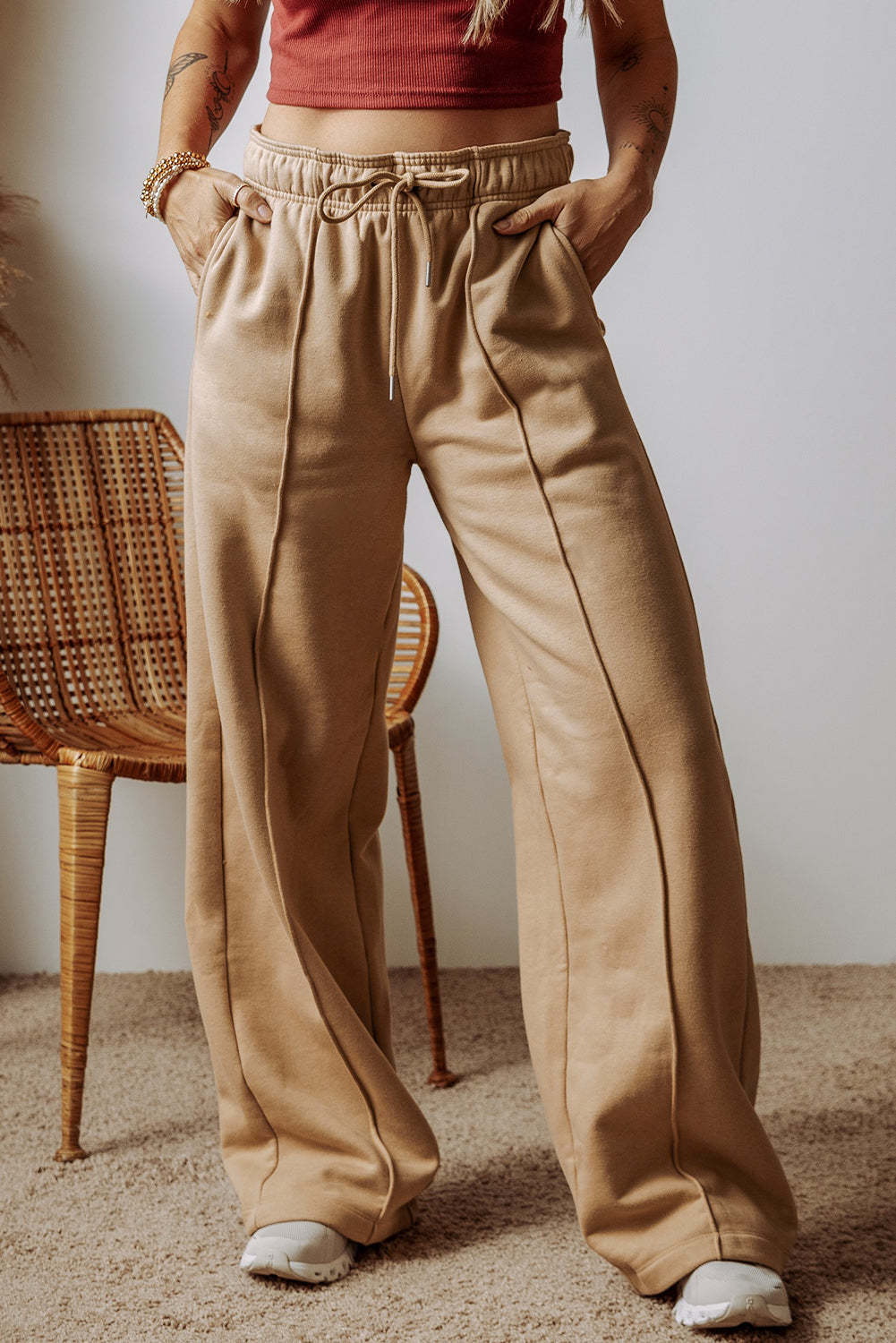 Smoke Gray Exposed Seam Drawstring Elastic Waistband Wide Leg Pants