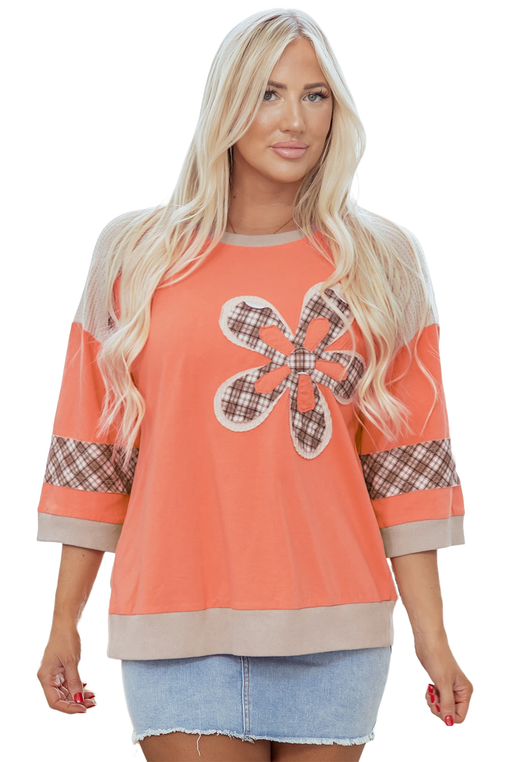 Grapefruit Orange Plaid Flower Waffle Patched Plus Size 3/4 Sleeve Top