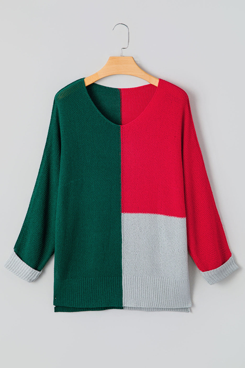 Black Color Block Knit V Neck Loose Sweater
