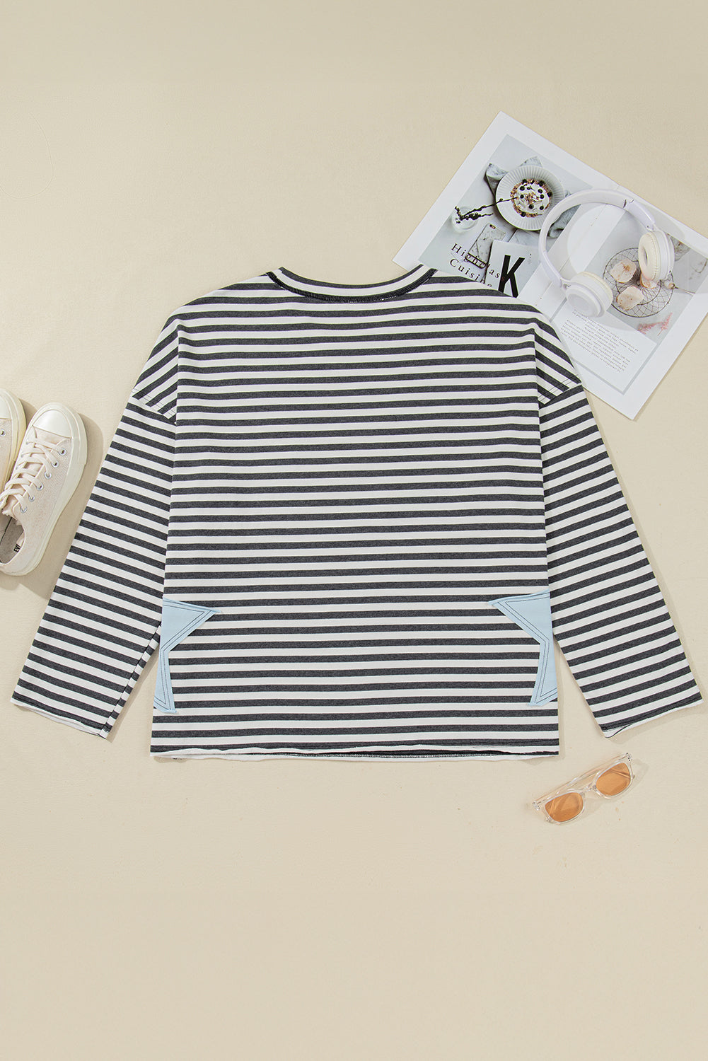 Gray Stripe Contrast Star Stitched Plus Size Long Sleeve Top