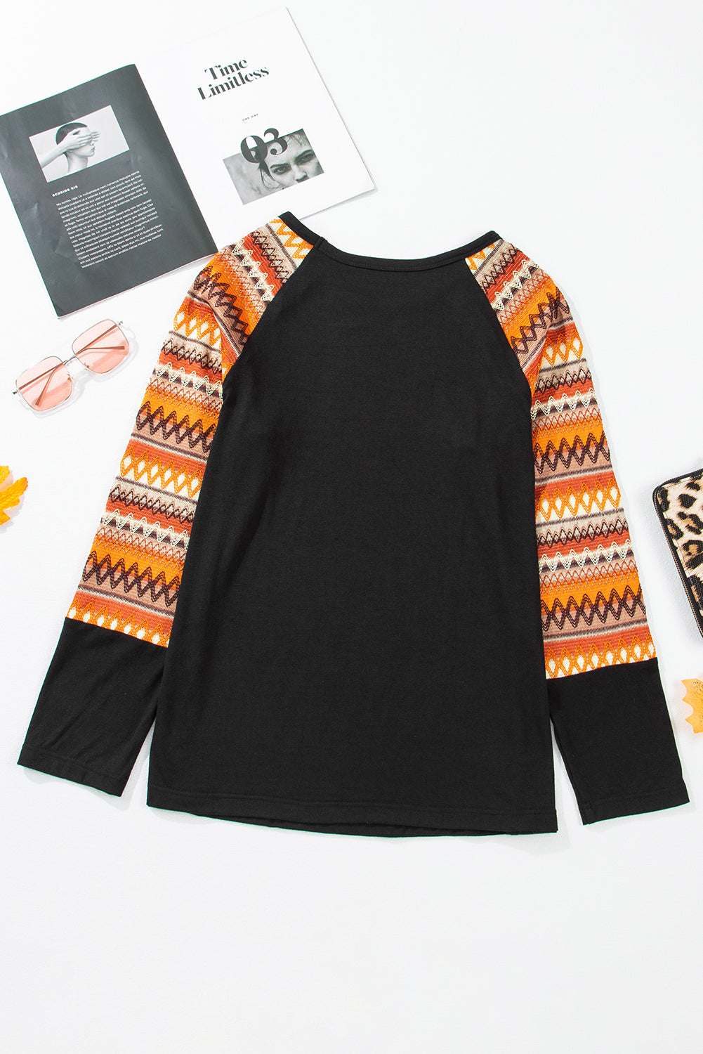 Orange Leopard Pumpkin Patched Contrast Long Sleeve Top