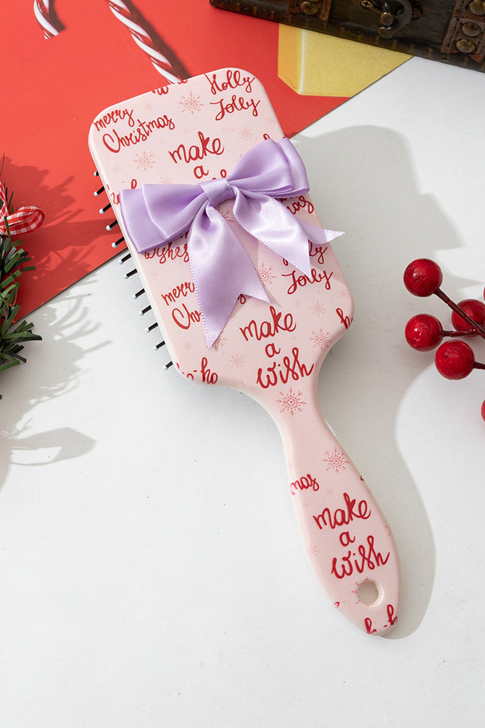 Fiery Red Christmas Letter Print Ribbon Bow Decor Scalp Massage Comb