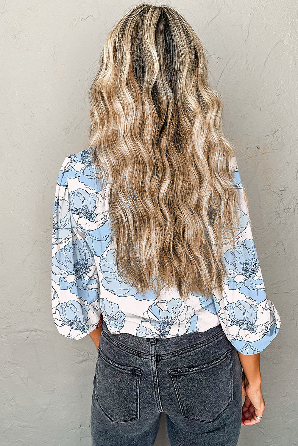 Sky Blue Floral Print Tie Neck Long Sleeve Flowy Mini Dress