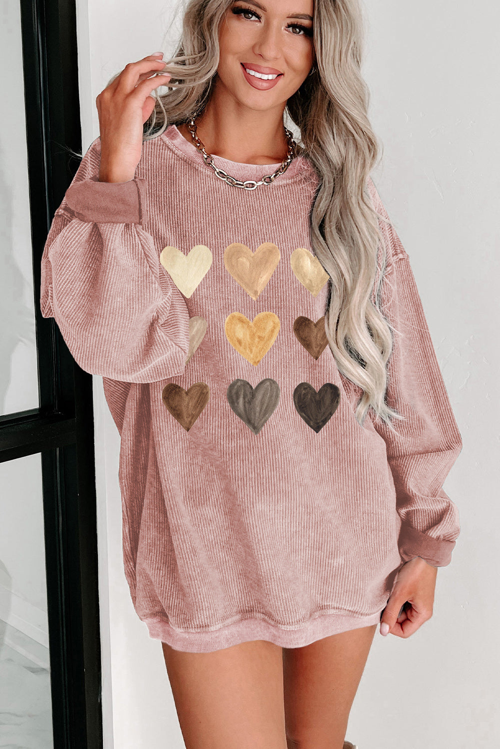 Pink Valentine Heart Graphic Corded Pullover Sweatshirt