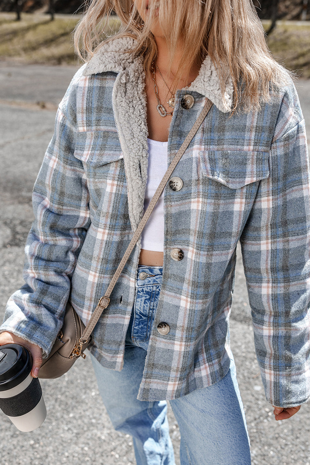 Sky Blue Stripe Sherpa Collar Cuffs Patchwork Plaid Shirt Jacket with Chest Pocket