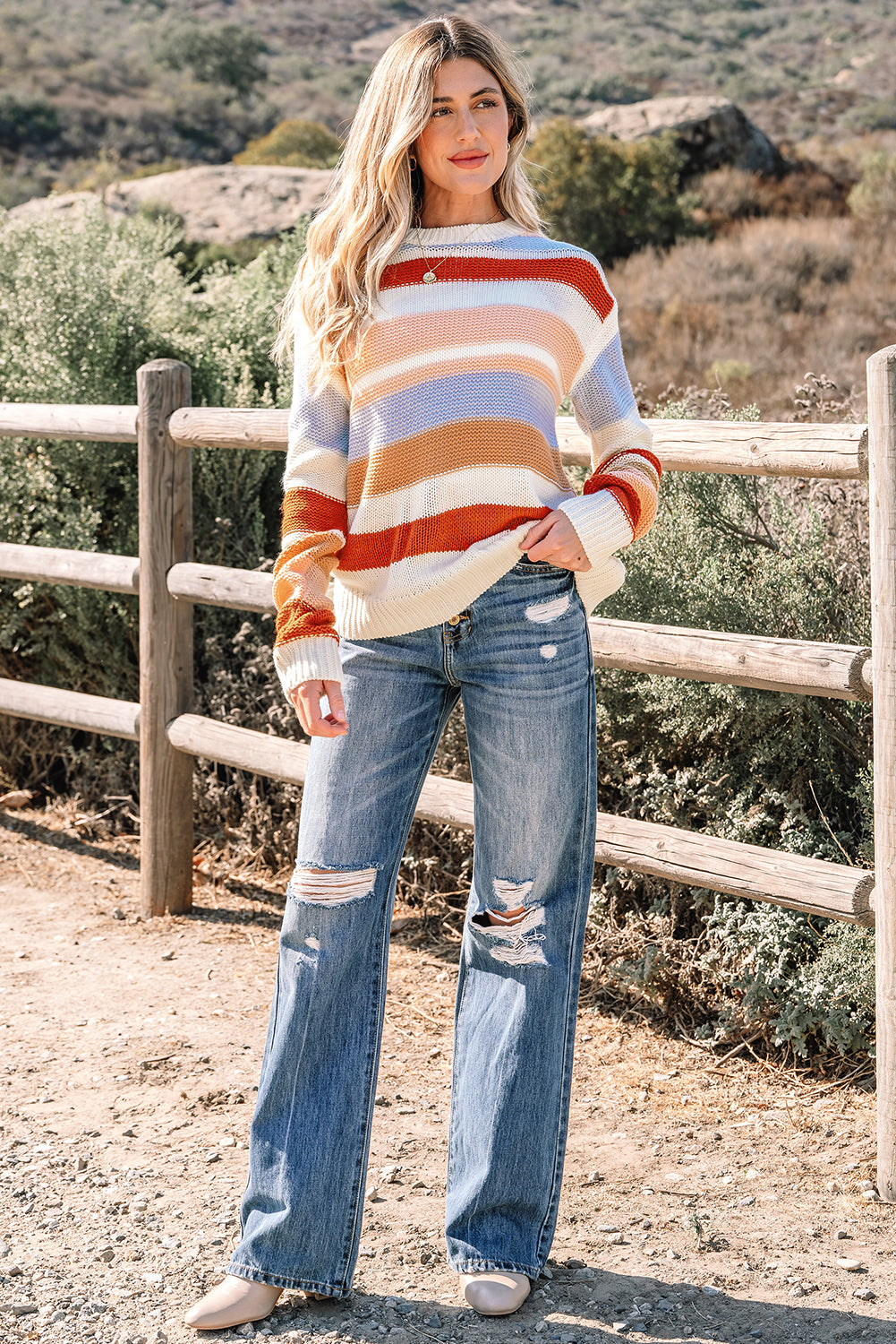 Pink Striped Colorblock Round Neck Drop Shoulder Sweater