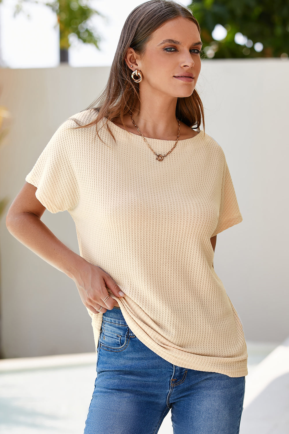 White Waffle Knit Boat Neck Short Sleeve Top