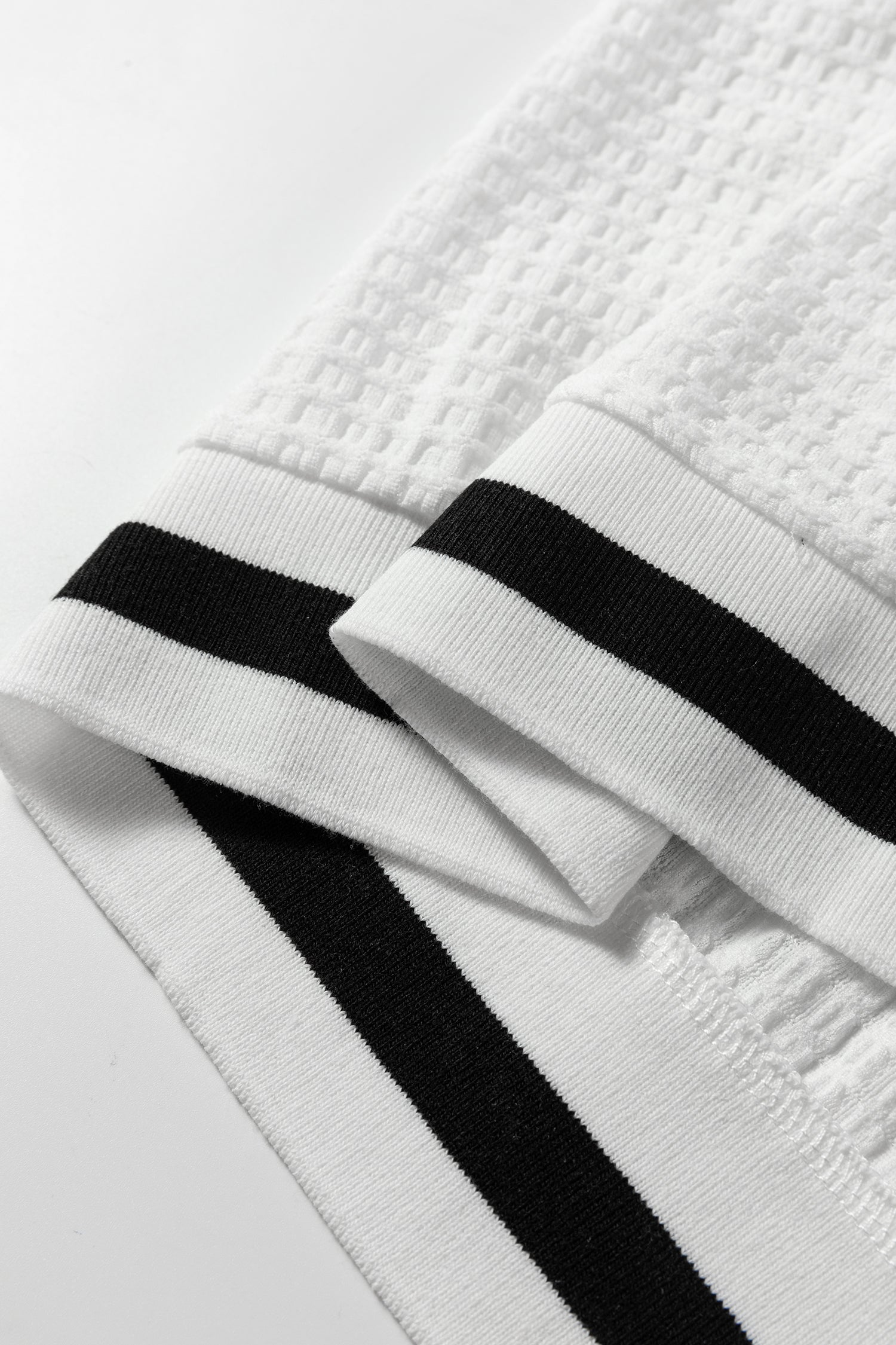 White Textured Knit Preppy Striped Trim V Neck Pullover Waffle Top